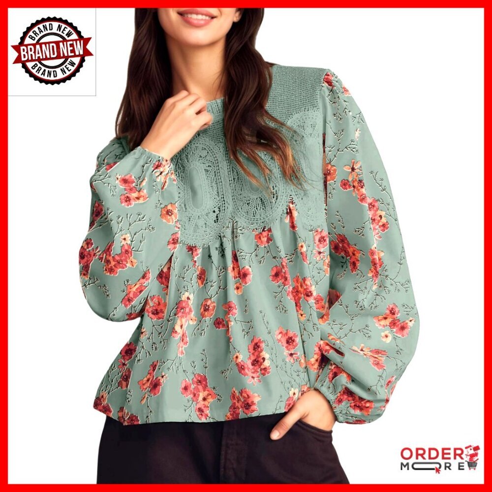 Floral Lace Mesh Blouse Long Sleeve Crew Neck Loose Fit Elegant Top